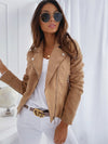 woman wearing stylish khaki zip-up lapel jacket with pockets and sunglasses