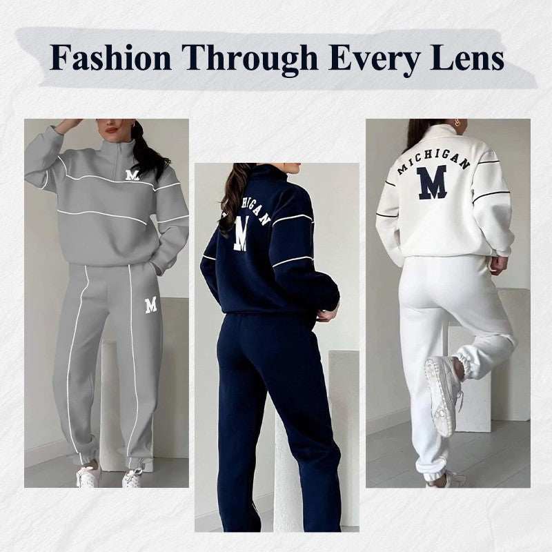 Women 2 piece lounge sweatsuit set with pullover sweatshirt and baggy sweatpants with pockets in gray, navy, and white colors