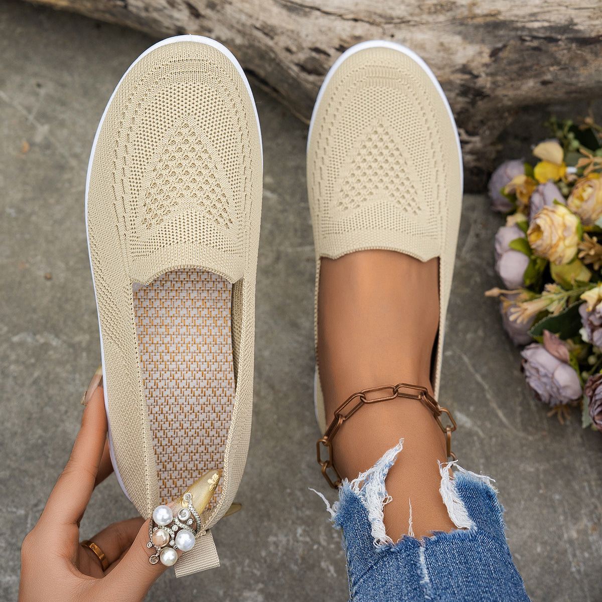 beige women's summer mesh casual shoes with flat low heels