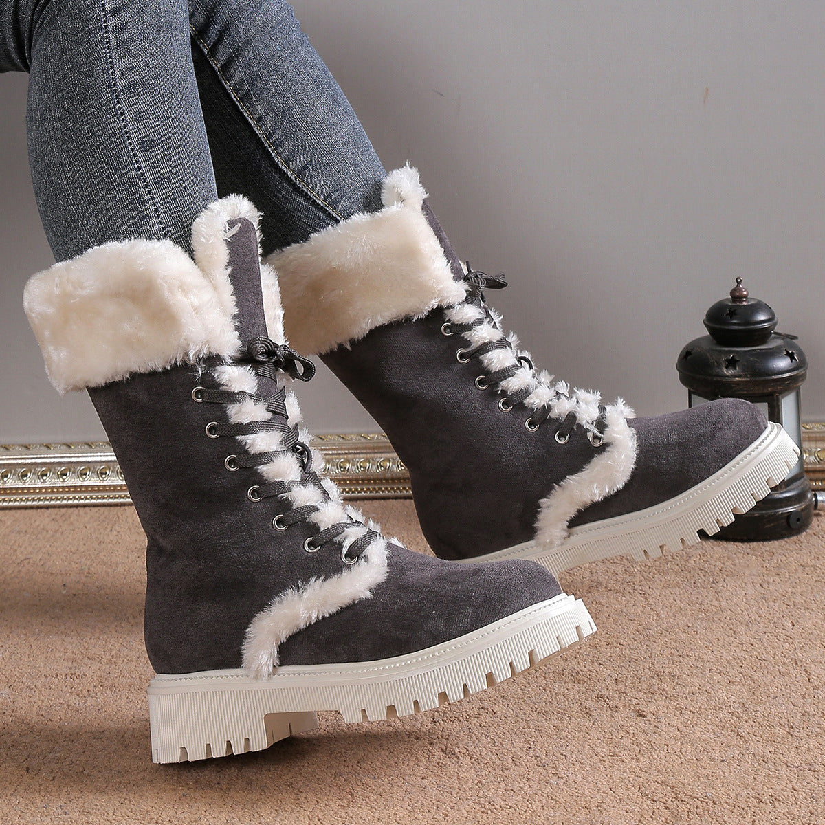 Women's winter lace-up snow boots with mid-tube fleece, suede upper, chunky rubber sole, and thick heels