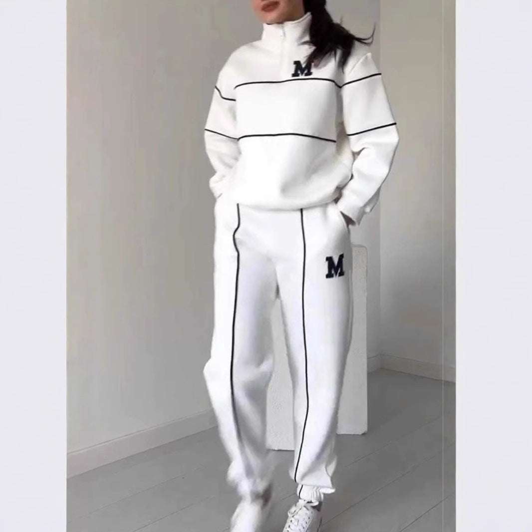 Women 2 piece white lounge sweatsuit set with black stripes and M logo