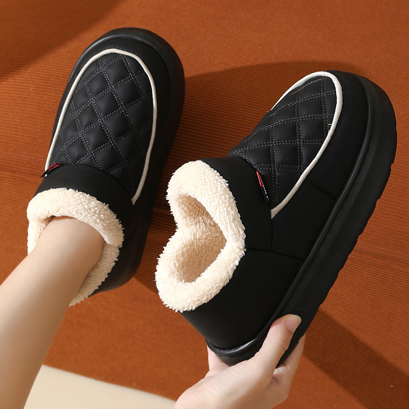Black winter plush cotton shoes with thick rubber sole and warm fleece lining for indoor and outdoor use