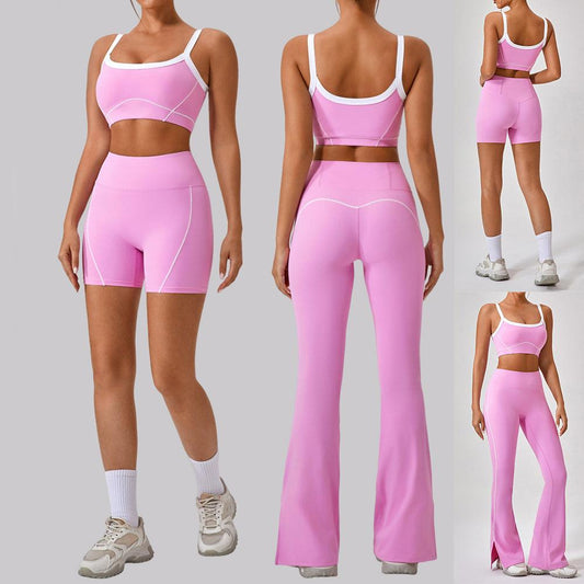 Women wearing pink outdoor sports yoga suits with spaghetti straps and contrast color details in front and back views