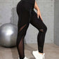 High waist black color contrast patchwork leggings with mesh panels for sports and yoga