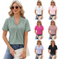 Woman wearing V-neck hollow design t-shirt in various colors, summer loose short-sleeved top for women