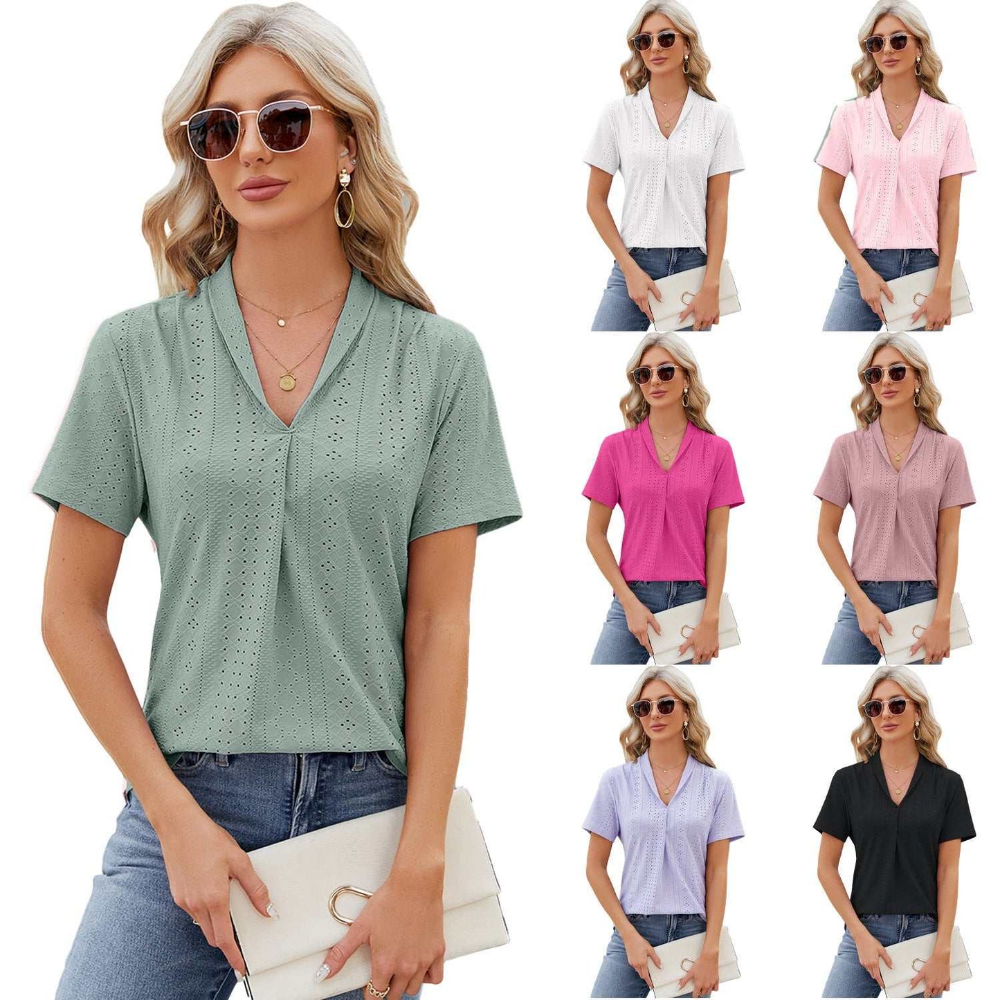 Woman wearing V-neck hollow design t-shirt in various colors, summer loose short-sleeved top for women