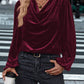 Women's pile collar loose fit long sleeve pullover top in wine red velvet fabric