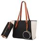 Large capacity three-in-one saffiano bag with black, white, and brown accents, double shoulder straps, and bucket shape