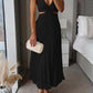 Black Ins suspender pleated long dress with hollow-waisted design and V-neck backless style for summer women