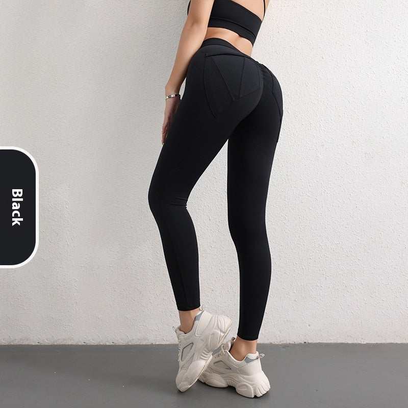 Women's black high waist hip lift yoga pants with pockets for sports fitness