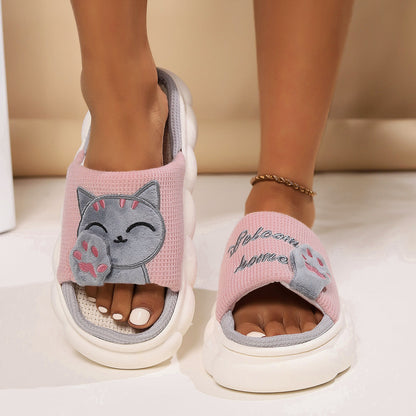 Pink cute cartoon kitten home slippers for women with open toes and white cushioned sole