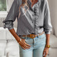 Women's striped long sleeve shirt with ruffle detail and button-up front, casual and elegant office blouse