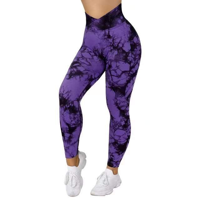 Women’s seamless tie dye leggings in purple and black for yoga, fitness, and running with a push-up design