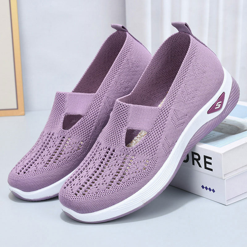 Purple summer breathable mesh slip-on shoes for women with flat PVC soles