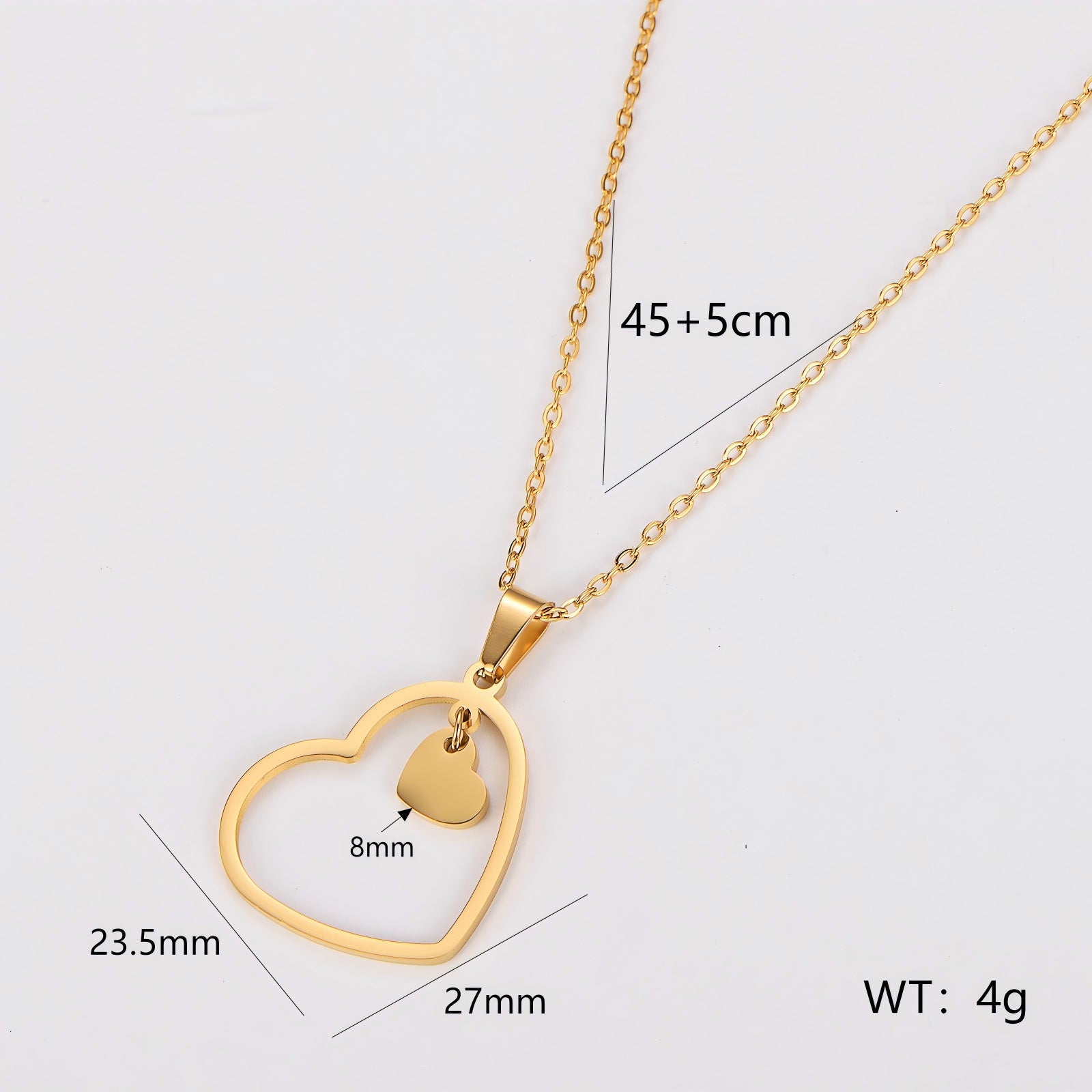 Double-heart Stainless Steel necklace in gold with minimalist design and O-link chain, 45cm+5cm length.