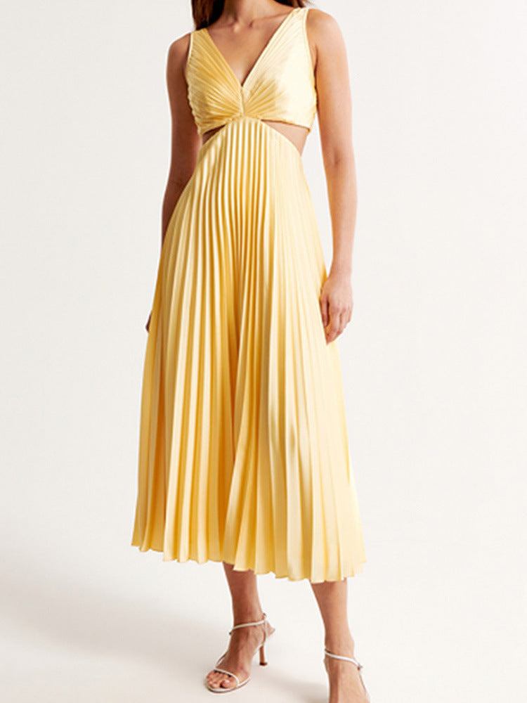 Yellow Ins suspender pleated long dress with hollow-waisted and backless design, sleeveless summer women's dress