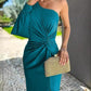 Women's diagonal shoulder knot split slim fit dress in teal with one sleeveless arm and patchwork skirt