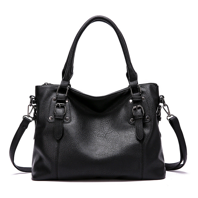 European and American style women's retro black shoulder bag with large capacity and soft polyurethane material