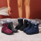 Plus size women's snow boots in black, gray, red, and blue with warm fur lining and flat polyurethane soles