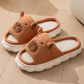 Open toe couple indoor non-slip linen slippers with bear face design light coffee color