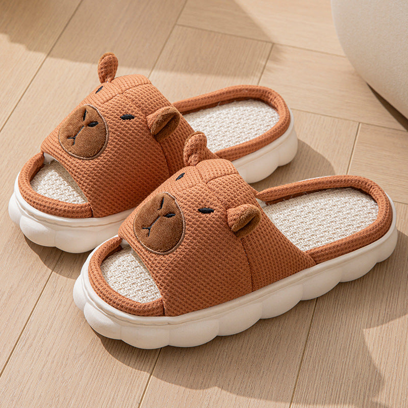 Open toe couple indoor non-slip linen slippers with bear face design light coffee color