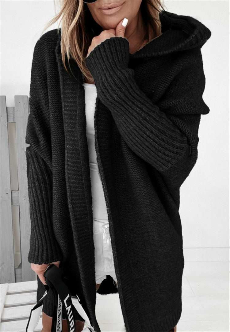 Black oversized bat sleeve hooded cardigan sweater for women