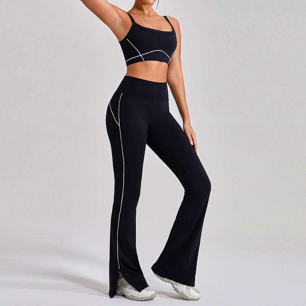 Women's outdoor sports yoga suit with black spaghetti strap top and contrast stitching fitness pants