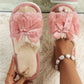Pink bow plush open toe slippers for indoor use with soft lining and EVA sole