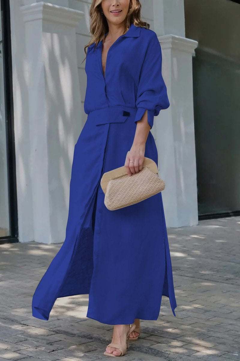 Women's elegant tied solid color waisted long-sleeved shirt dress in blue with asymmetric skirt and high waist design