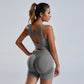 Woman wearing gray seamless high waist yoga set women's vest and shorts workout sportswear