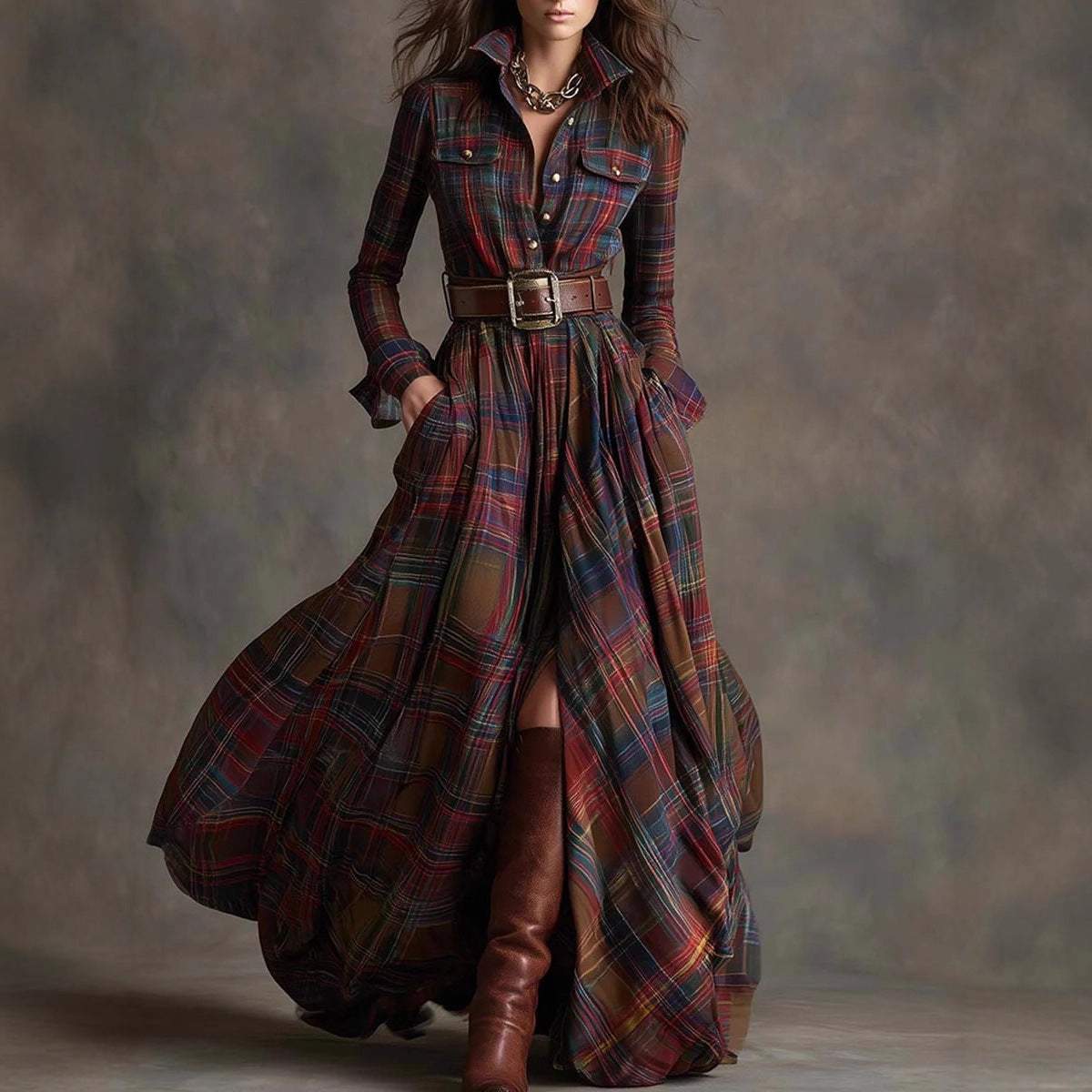 Large size women's French retro plaid slim irregular dress with belt and conventional sleeves