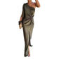 Women's diagonal shoulder knot split army green slim fit dress