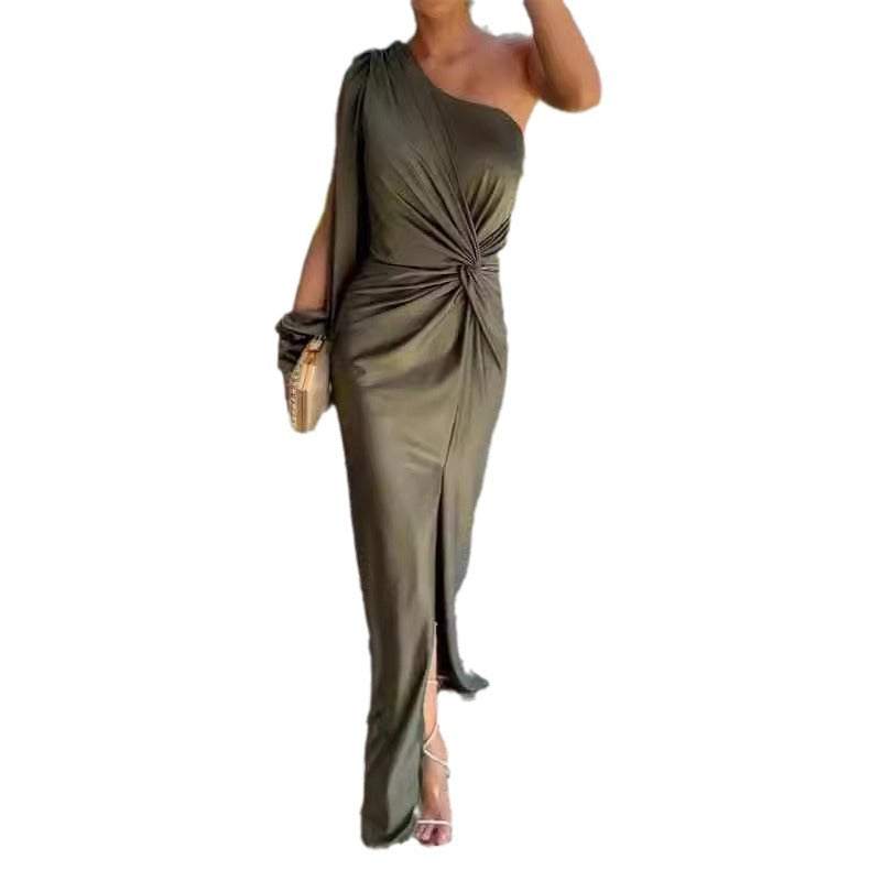 Women's diagonal shoulder knot split army green slim fit dress