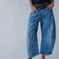 High stretch mid-rise wide leg loose fit casual women's denim jeans in blue