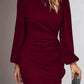 Elegant women's puff long sleeve slim hip-covering dress in wine red solid color