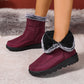 Plus size women's maroon snow boots with warm fur lining and flat black polyurethane soles
