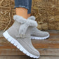 Women's gray winter snow boots with plush lining and buckle design