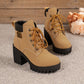 chunky heel plus size martin boots tan with black thick soles and front lace-up design