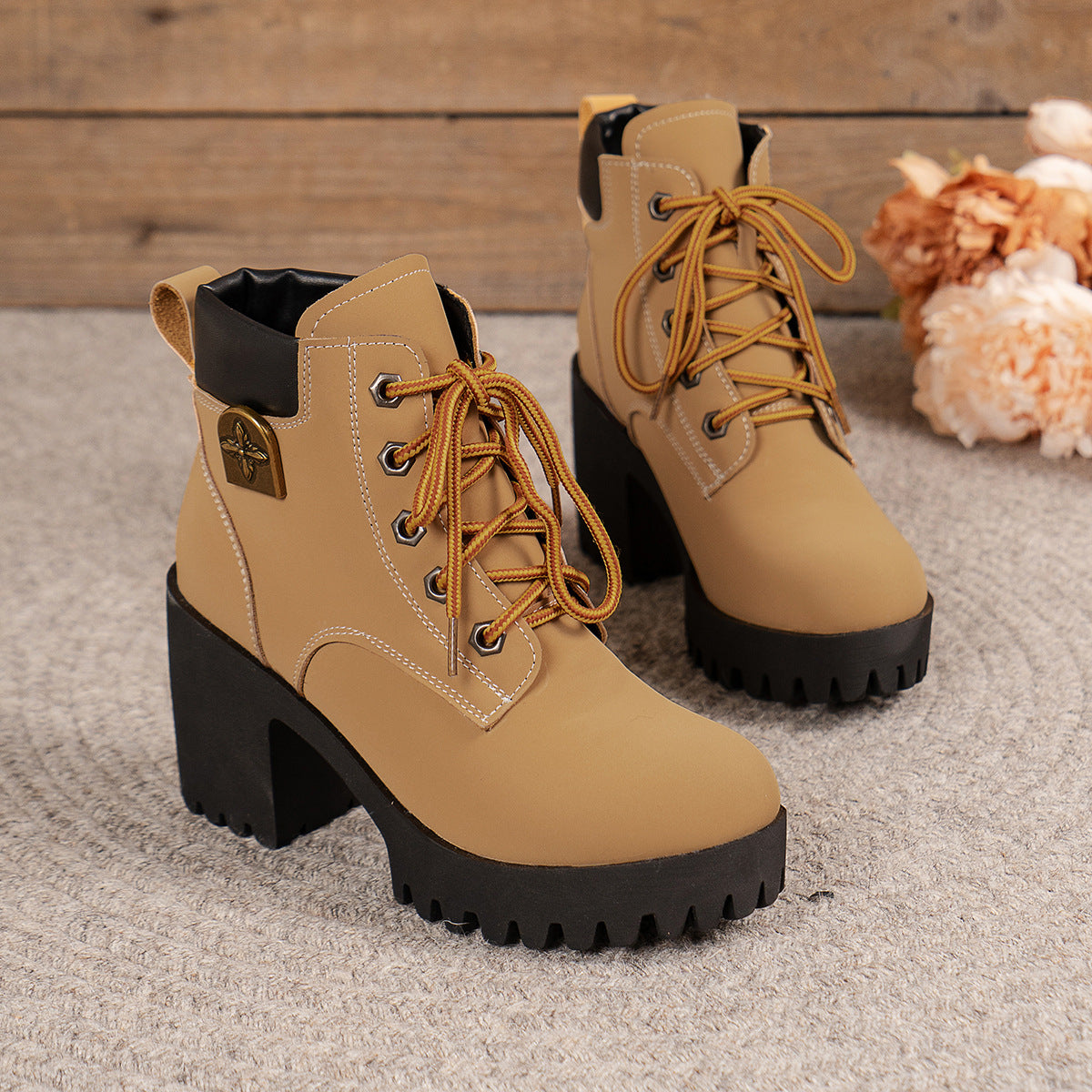 chunky heel plus size martin boots tan with black thick soles and front lace-up design
