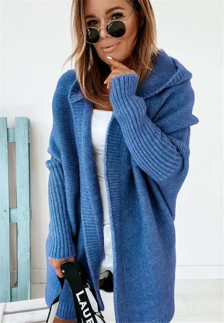 blue oversized bat sleeve hooded cardigan sweater for women