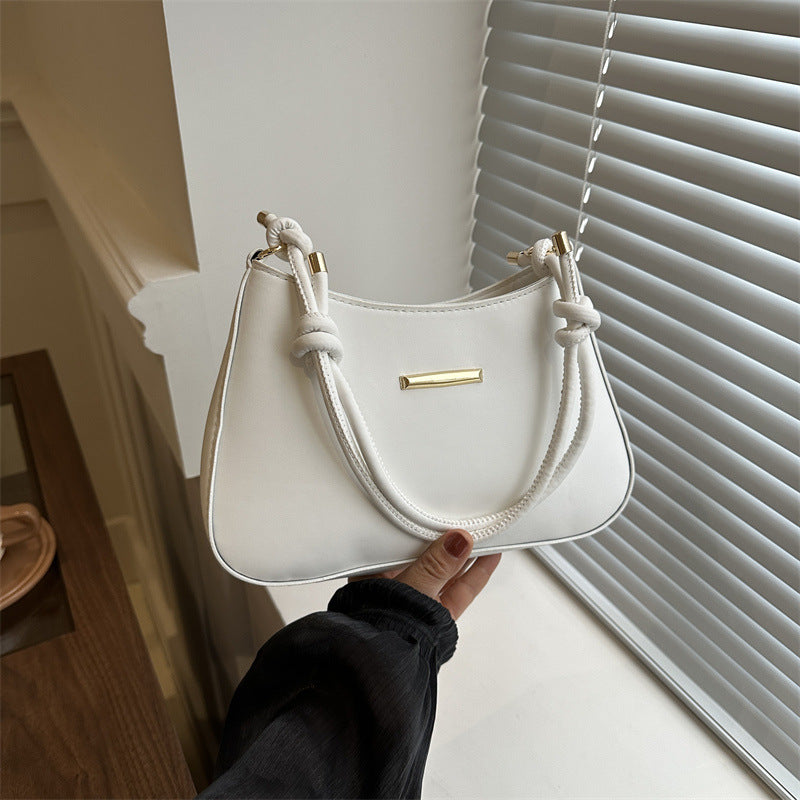 Women's high-end hand-held white small square bag with knotted shoulder strap and gold accent