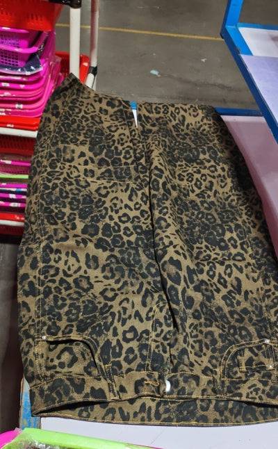 High stretch mid-rise leopard print casual wide leg denim jeans for women