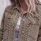 Khaki women's denim jacket with decorative rivets and regular long sleeves, polyester fabric.
