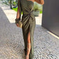 Women's diagonal shoulder knot split army green slim fit long dress with bow detail