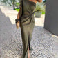 Women's diagonal shoulder knot split solid color slim fit army green dress