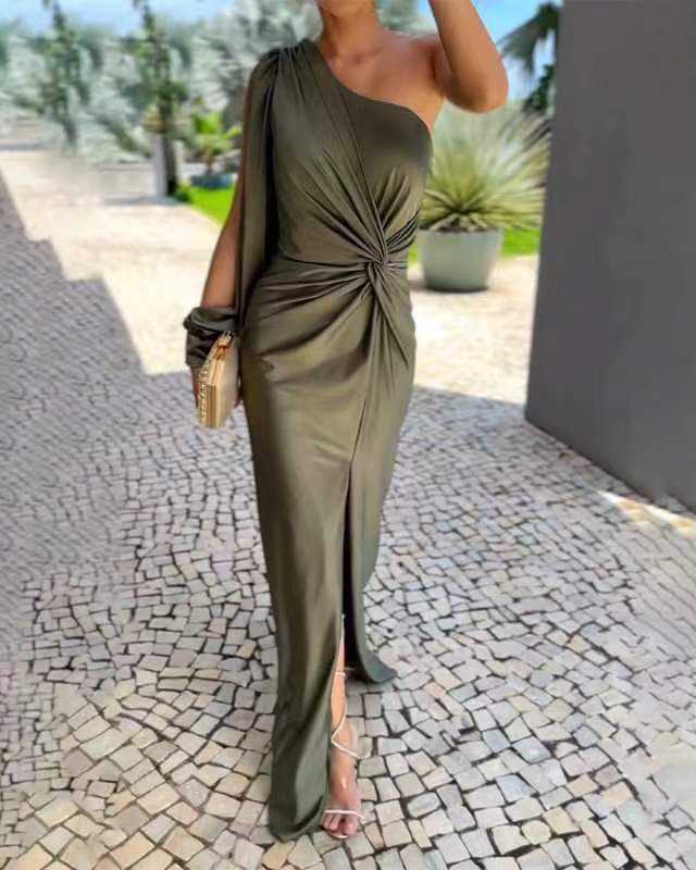 Women's diagonal shoulder knot split solid color slim fit army green dress