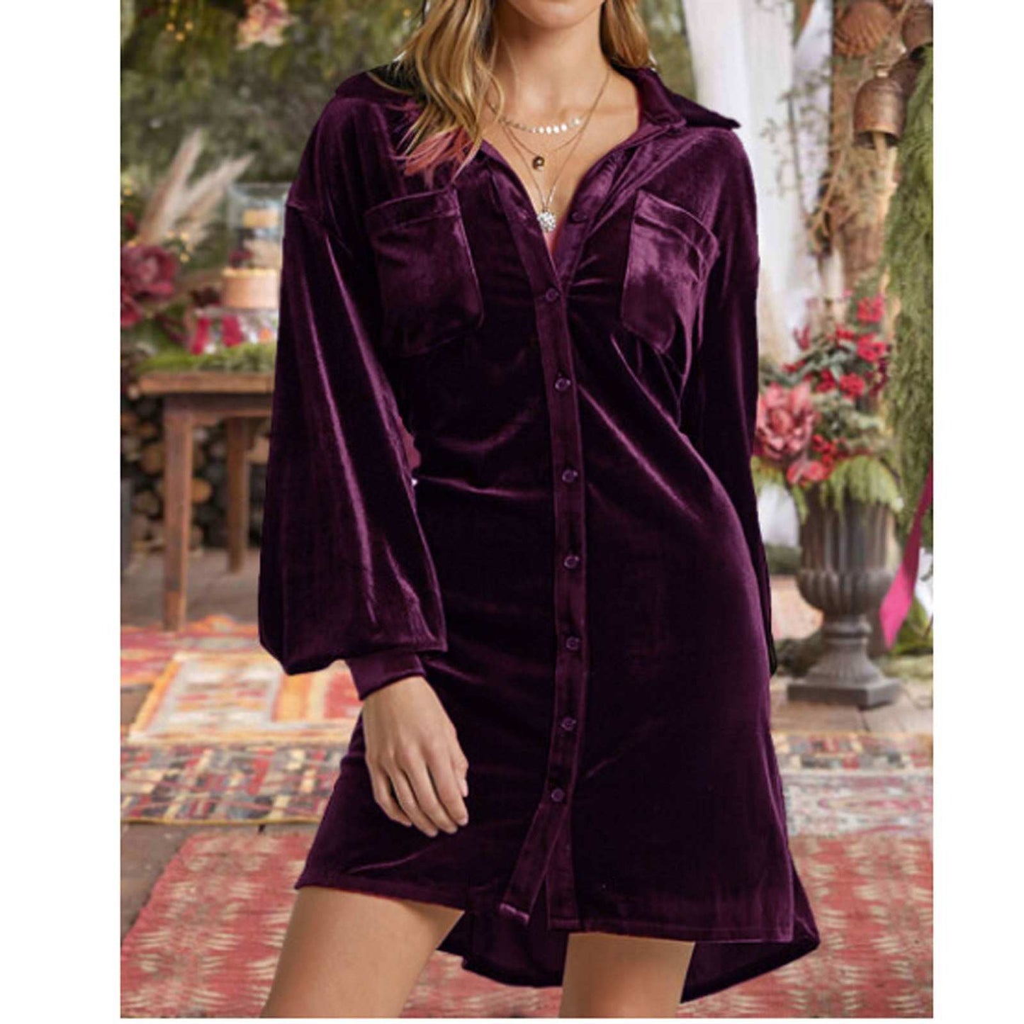 Women's long velvet dress in dark purple with lapel collar and button-down front