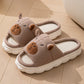 Open toe couple indoor non-slip linen slippers with bear design and cushioned sole in light coffee color